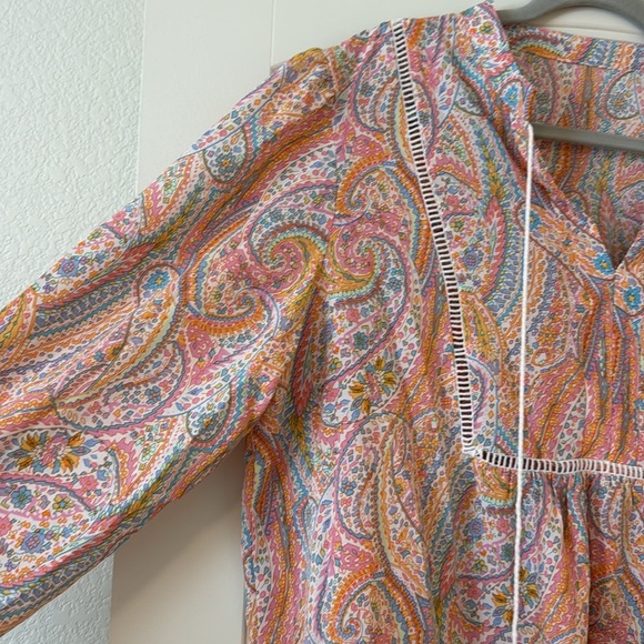 Peacock Pattern Print Tie Neck Lantern Sleeve Blouse Peplum Top - Picture 3 of 8